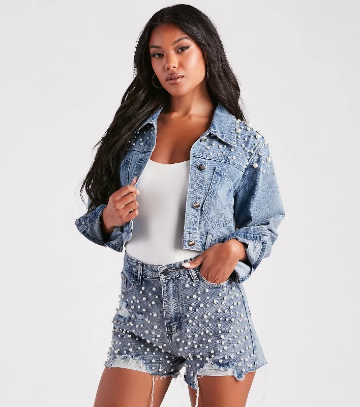 Trendy Glam Vibe Pearl Denim Jacket