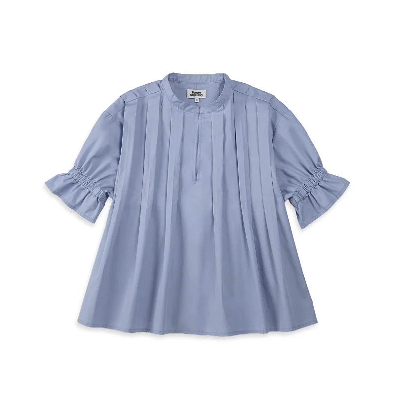 Pleated V-neck SS Blouse Light Blue