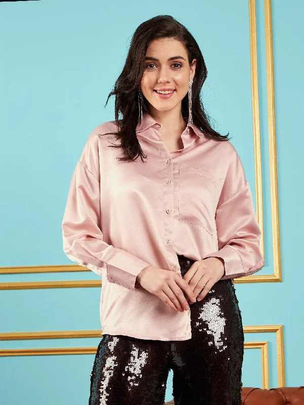 Women Pink Satin Oversized Shirt